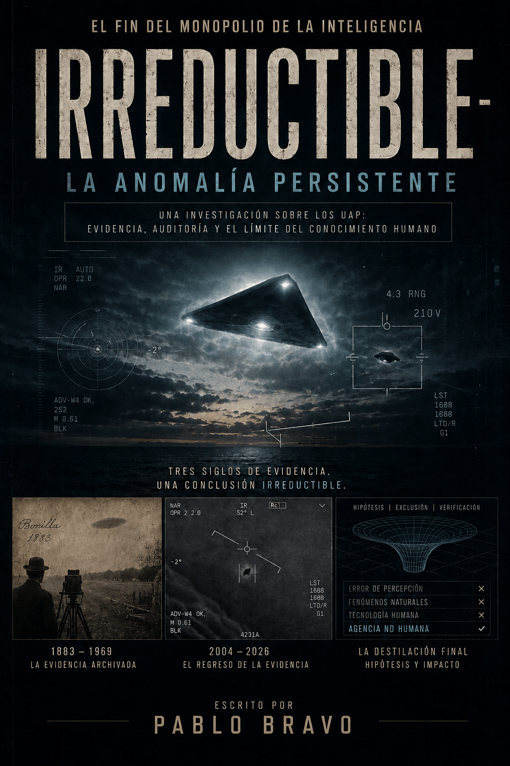 The book cover of IRREDUCTIBLE showing a dark cinematic scene with a triangular UAP craft over a dark ocean